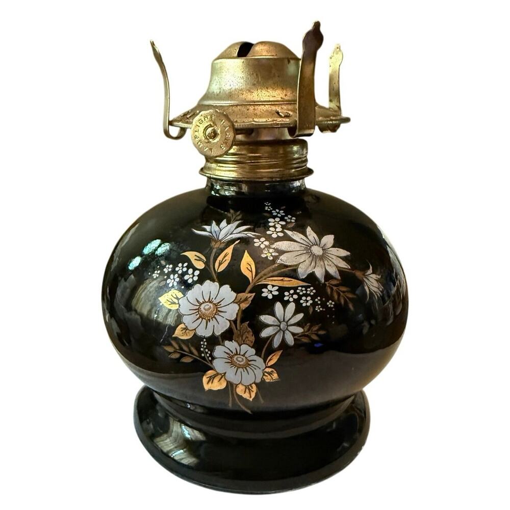 Lamplight Farms Black Glass Oil Lamp • Painted Floral • Vintage 7”